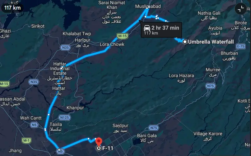 umbrella waterfall tour via Islamabad Map with time - Rozefs Tourism